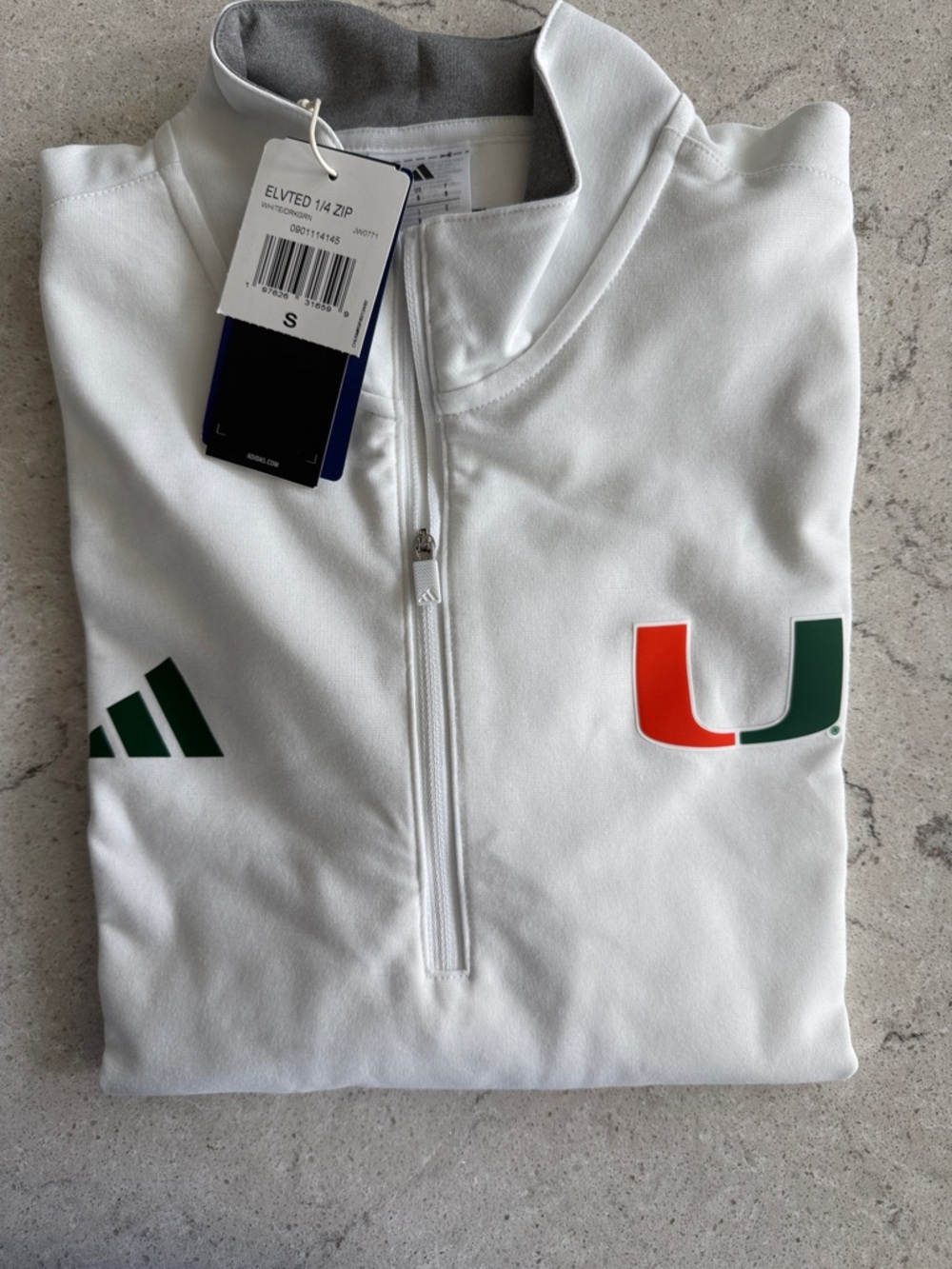 adidas White 1/4 Zip Pullover with Green and Orange U Logo